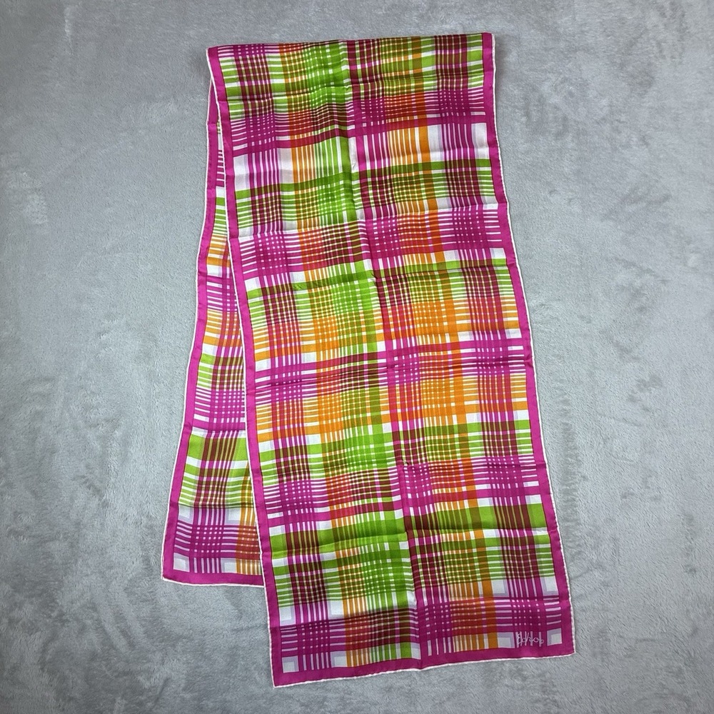 Echo Pink Green Orange Plaid 100% Silk Scarf VTG Japan Bold Chic Luxe Retro